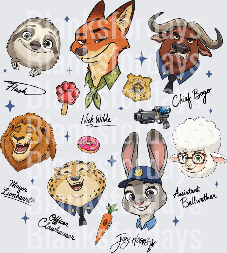 Zootopia Character Sheet Flash Nick Wilde Judy Hopps Bogo (DTF)