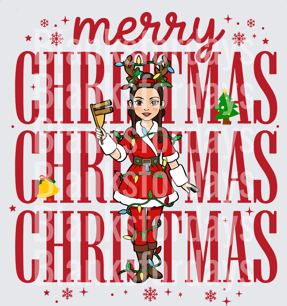 Merry Christmas Brunette Girl Wrapped in Holiday Lights (DTF)