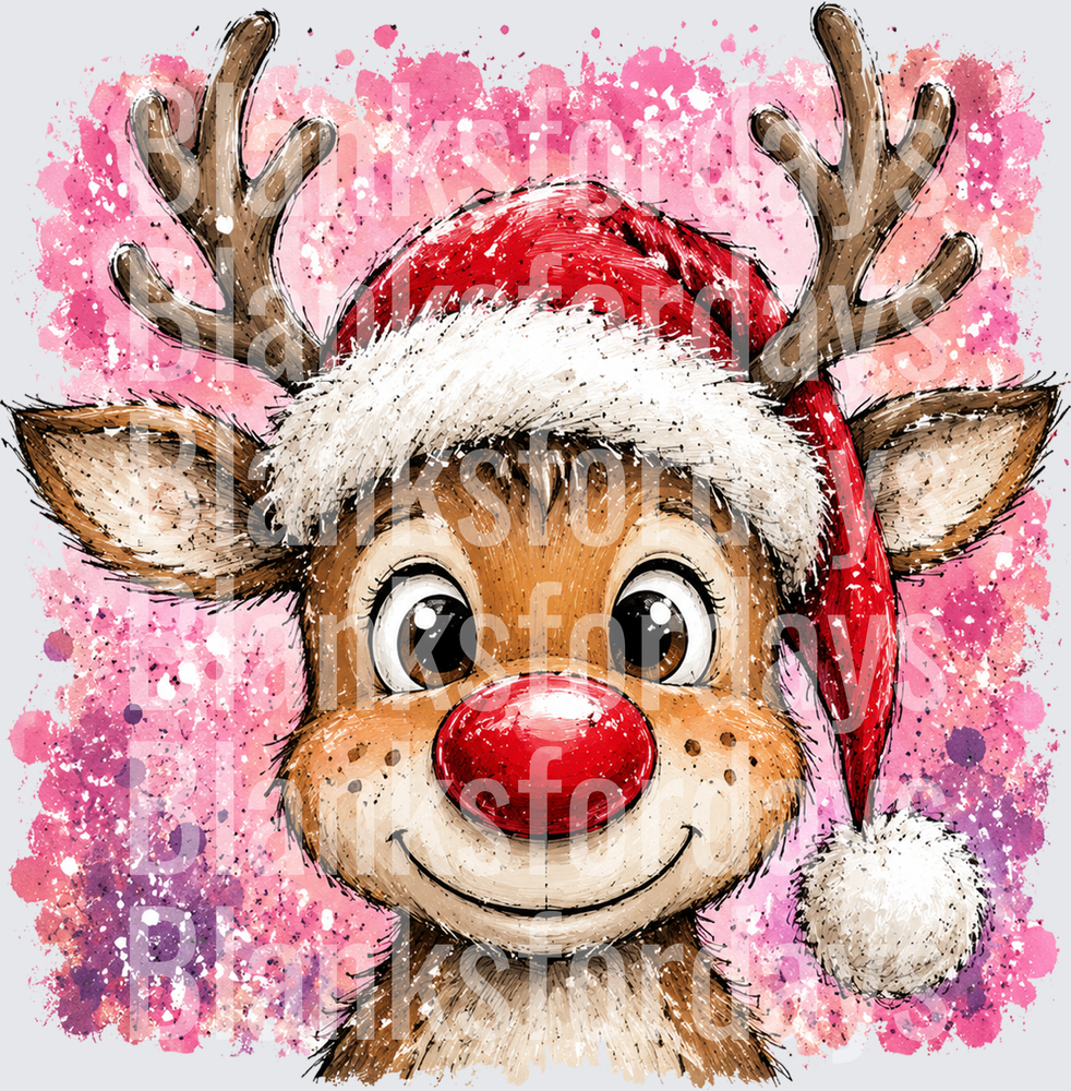 Rudolph Red-Nosed Reindeer Santa Hat Pink Watercolor Splash (DTF)