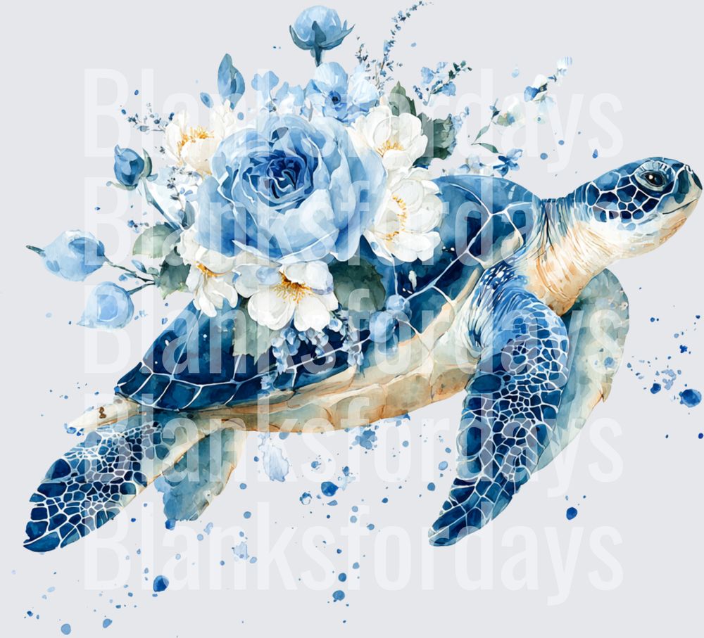 Watercolor Sea Turtle with Blue and White Floral Bouquet (DTF)