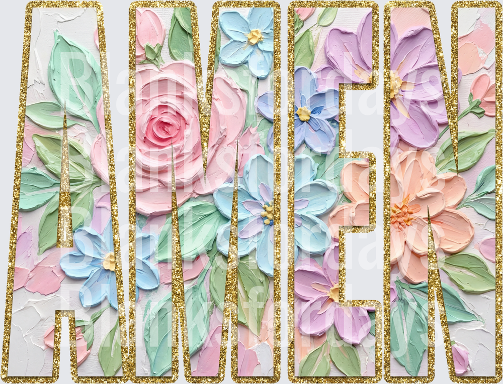 Amen Gold Glitter Pastel Floral Oil Painting Letters (DTF)