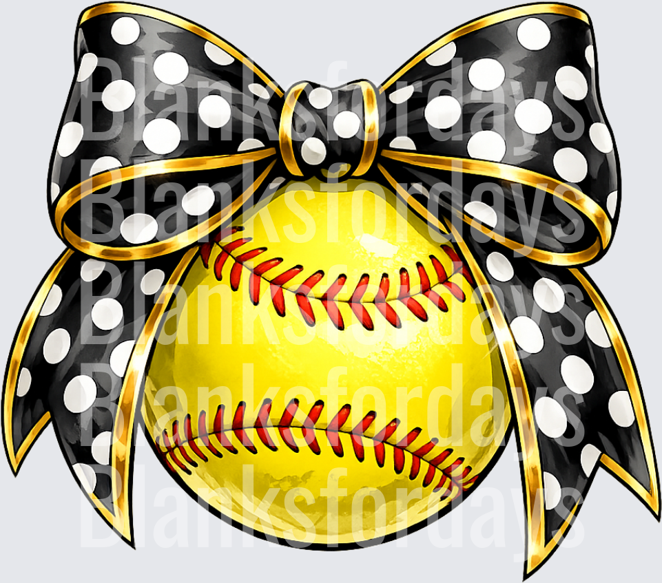 Yellow Softball with Black White Polka Dot Gold Bow (DTF)