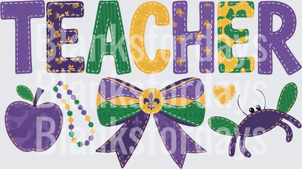 Mardi Gras Teacher Applique with Beads Bow and Crawfish (DTF)