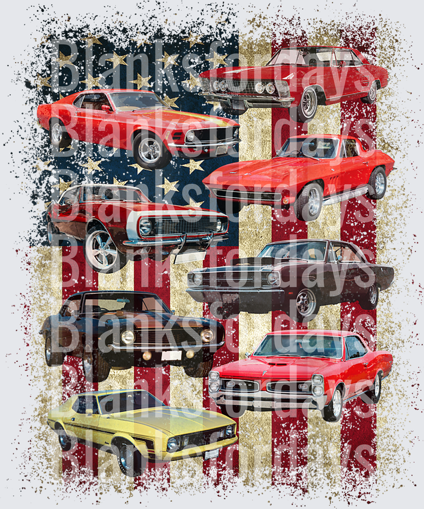 American Muscle Cars Collage Distressed USA Flag (DTF)