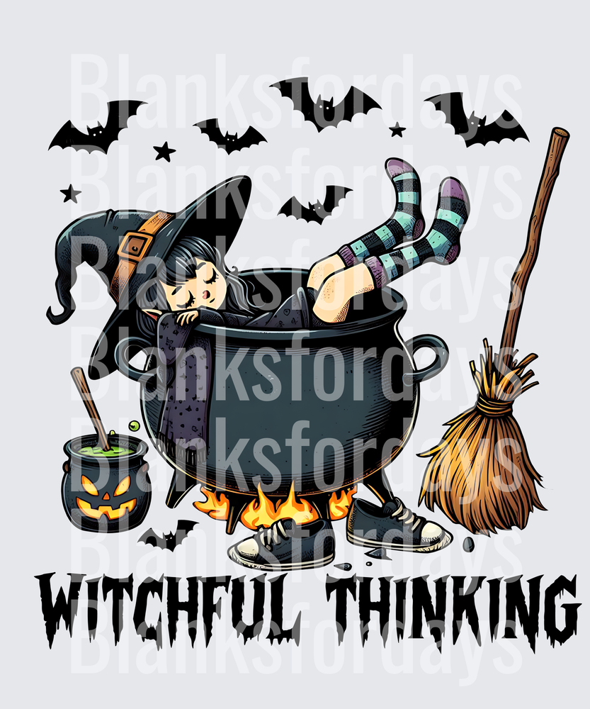 Witchful Thinking Lazy Witch Cauldron Halloween Bats Design (DTF)