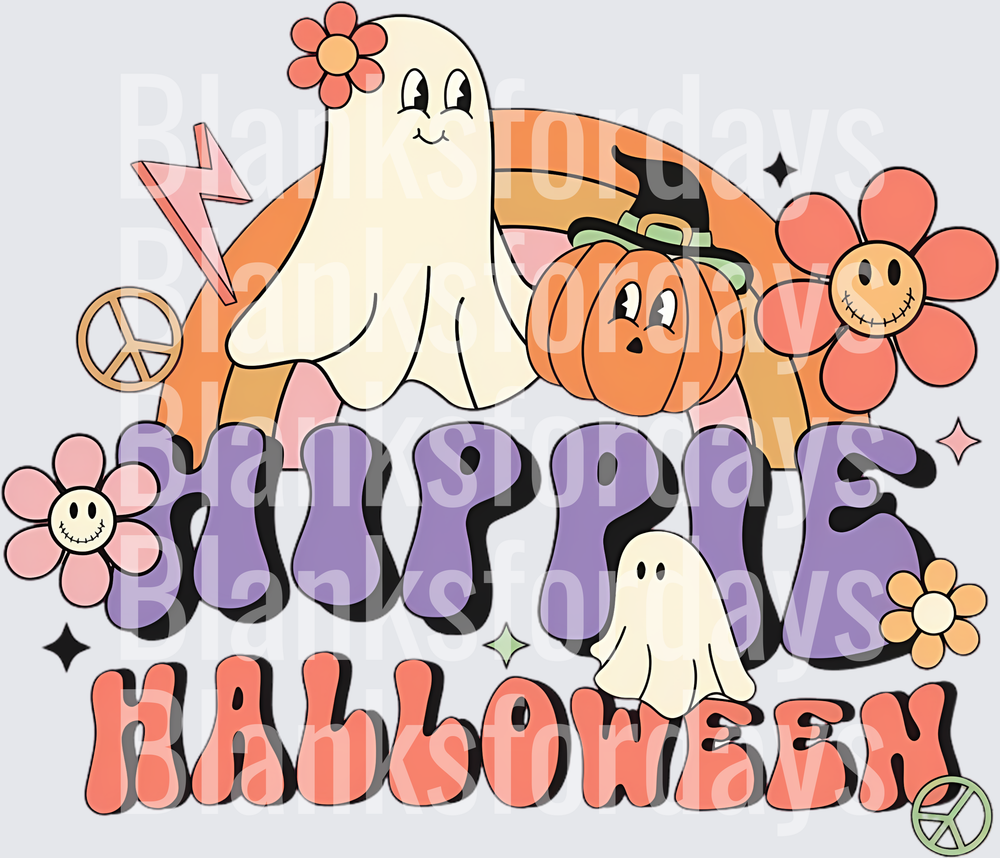Hippie Halloween Retro Ghost Pumpkin Groovy Floral Design (DTF)