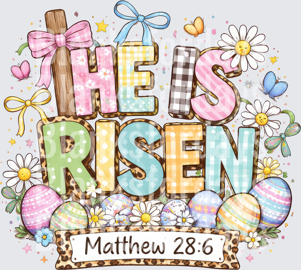 He Is Risen Matthew 28:6 Easter Cross Leopard Print Floral (DTF)