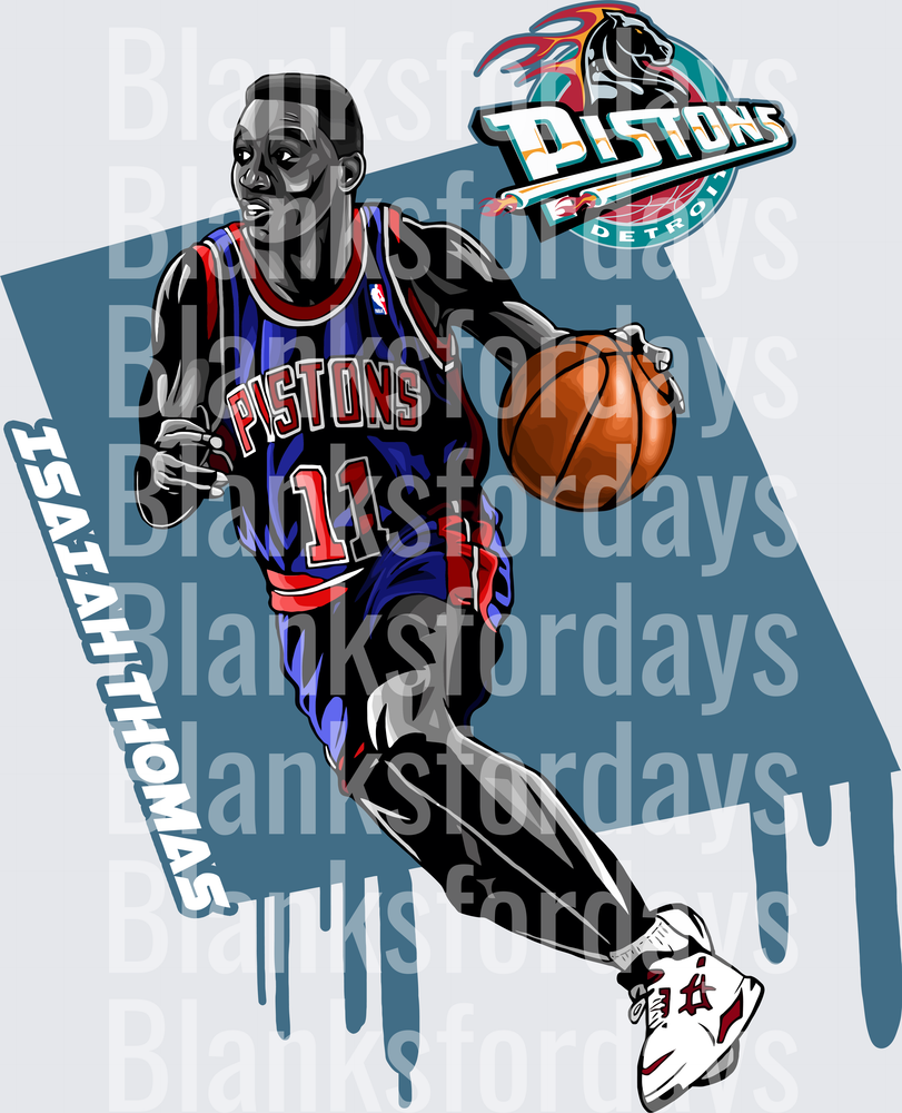 Isiah Thomas Detroit Pistons #11 Dribbling Illustrated Art (DTF)