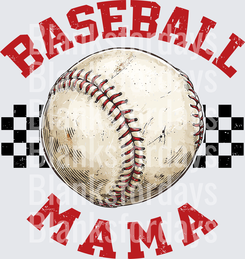 Baseball Mama Distressed Grunge Ball Checkered Flag Design (DTF)