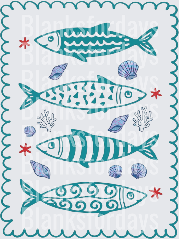 Teal Patterned Fish Seashells Starfish Ocean Border Design (DTF)