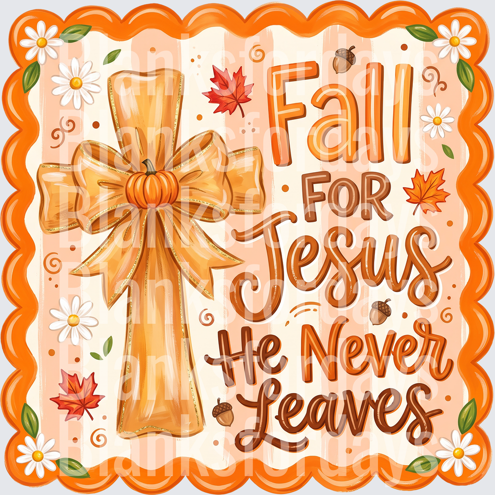 Fall For Jesus He Never Leaves Autumn Cross Bow Pumpkin (DTF)