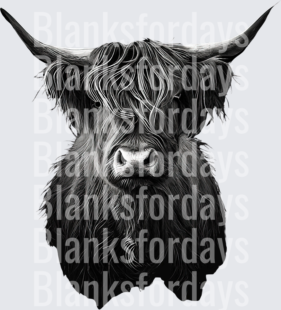 Black and White Highland Cow Portrait with Long Shaggy Hair (DTF)