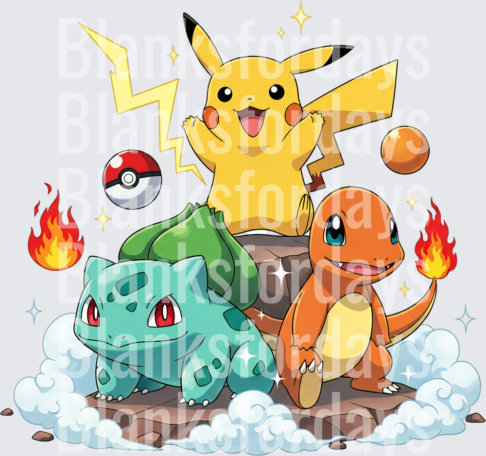 Pikachu Bulbasaur Charmander Starter Pokemon Trio (DTF)