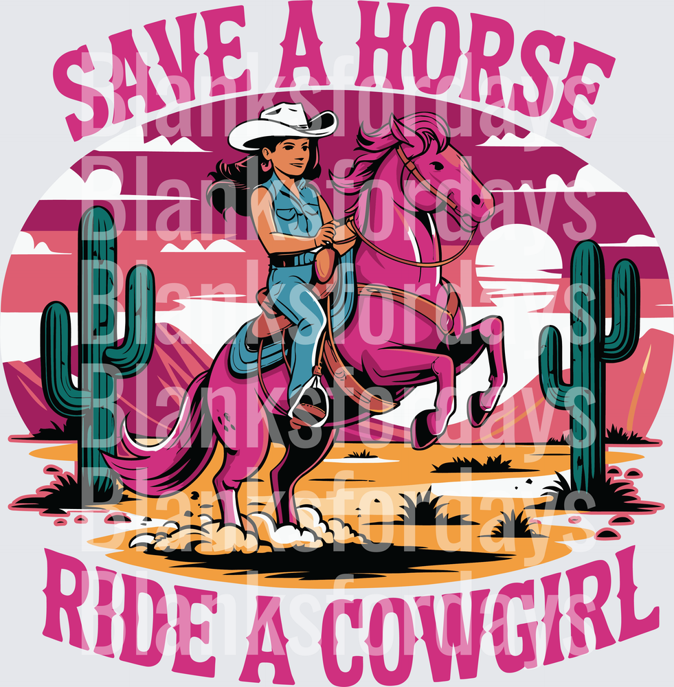 Save A Horse Ride A Cowgirl Pink Desert Sunset Design (DTF)
