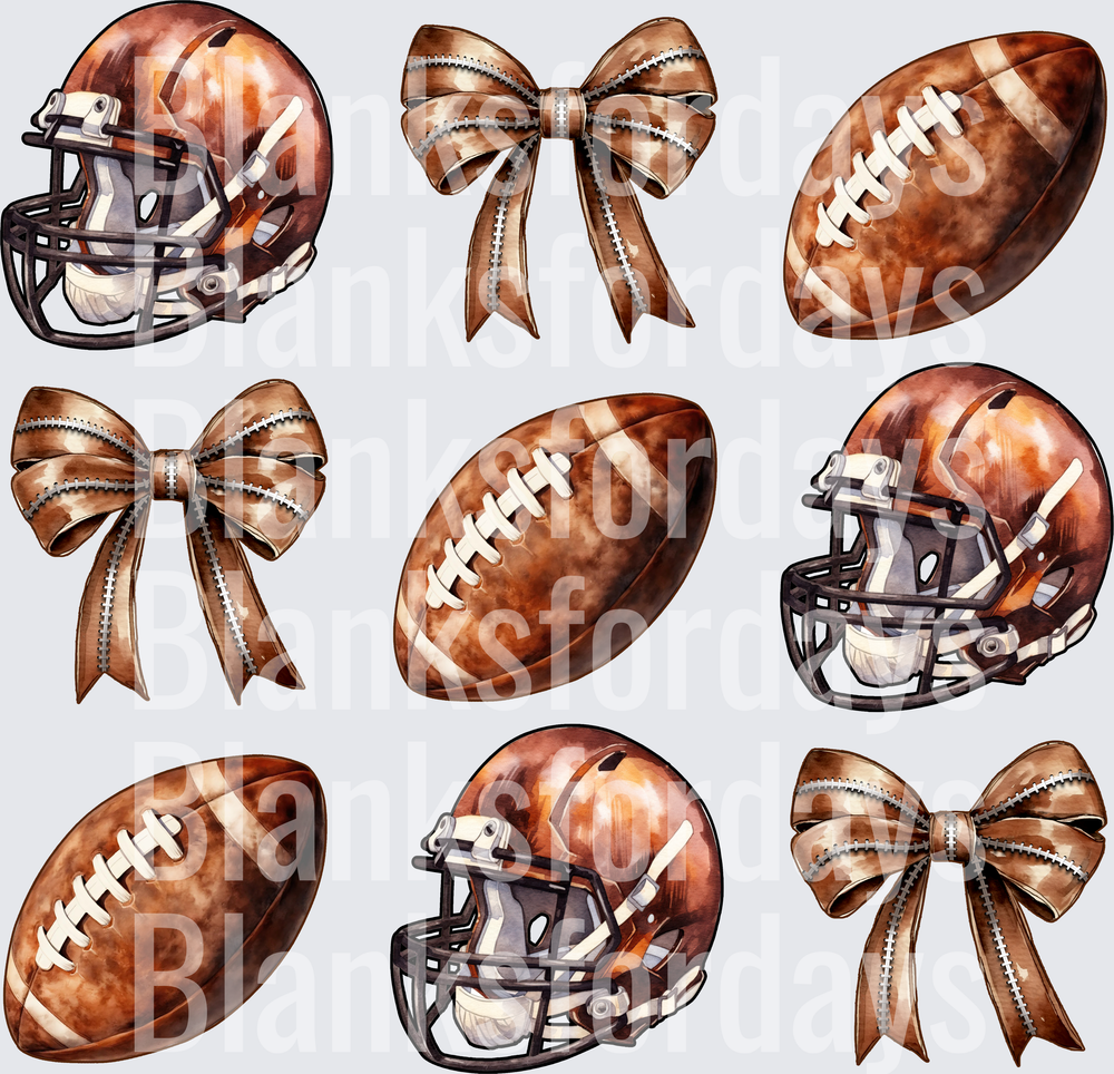 Watercolor Football Helmets Balls and Bows Brown Coquette (DTF)
