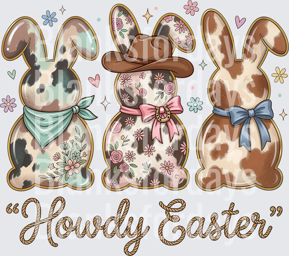 Howdy Easter Western Cowhide Bunny Trio Rope Text (DTF)