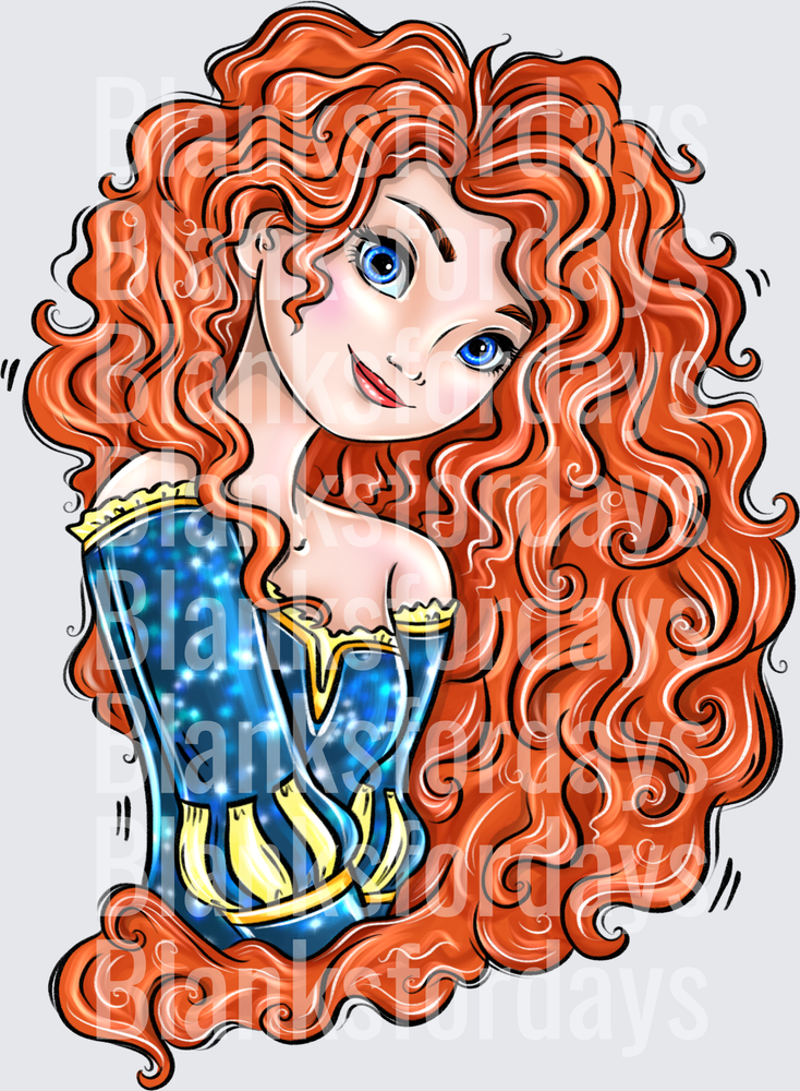 Brave Merida Wild Curly Red Hair Blue Dress Illustration (DTF)