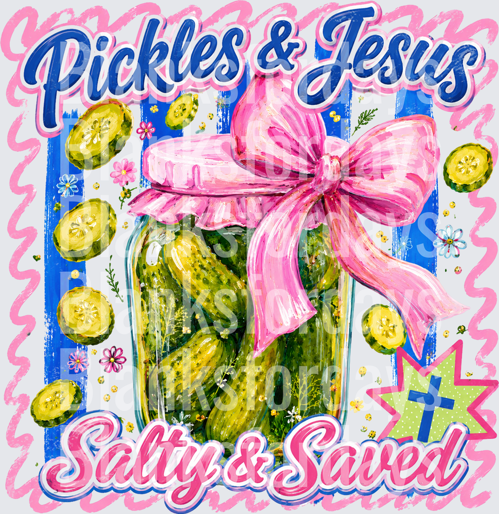 Pickles & Jesus Salty & Saved Mason Jar Pink Bow Christian (DTF)