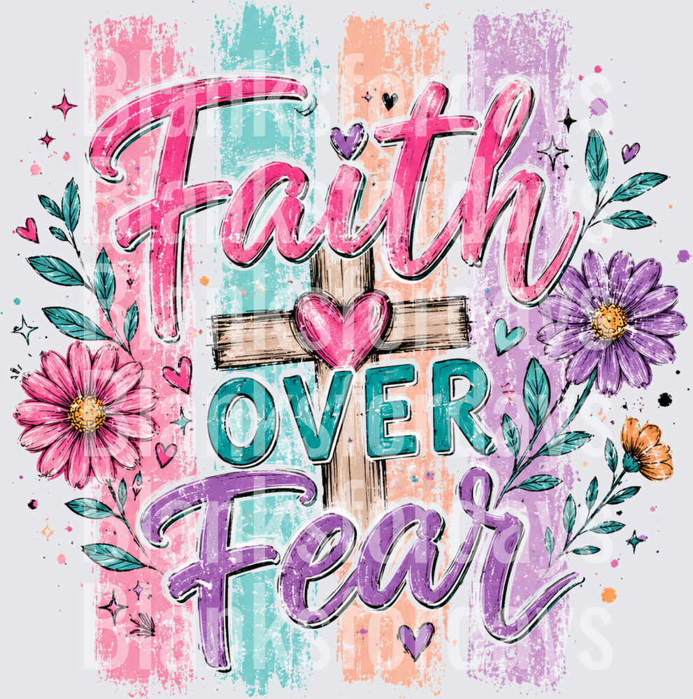 Faith Over Fear Floral Cross Colorful Stripe Design (DTF)