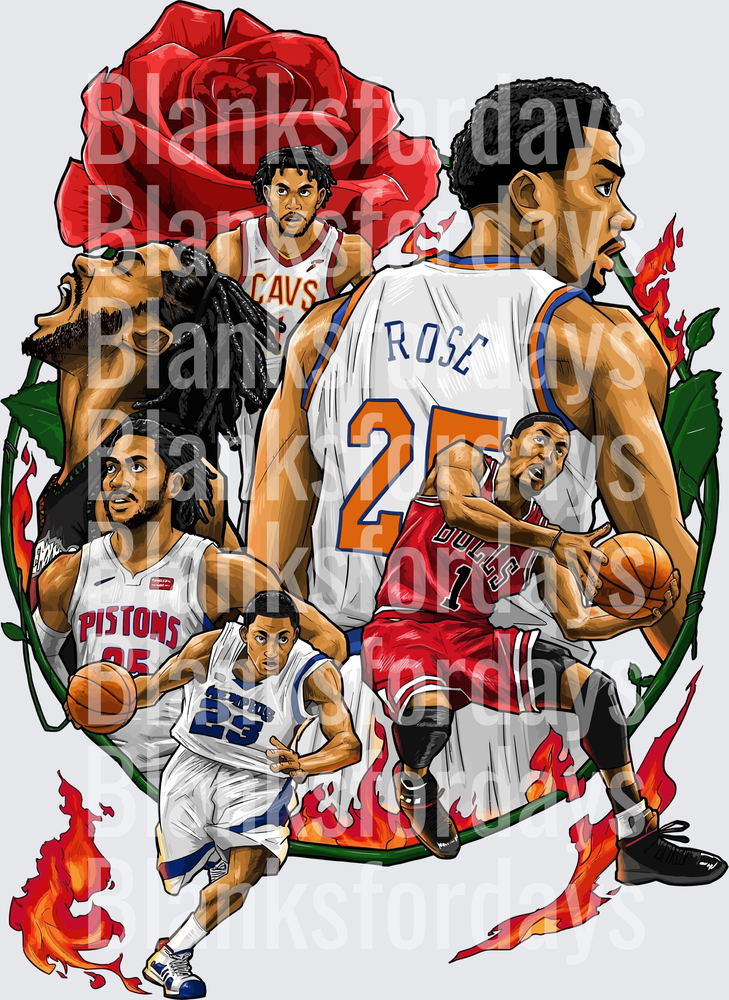 Derrick Rose NBA Career Tribute Collage with Red Rose Flames (DTF)