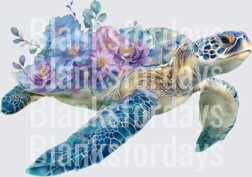 Floral Sea Turtle Blue Purple Watercolor Ocean Design (DTF)