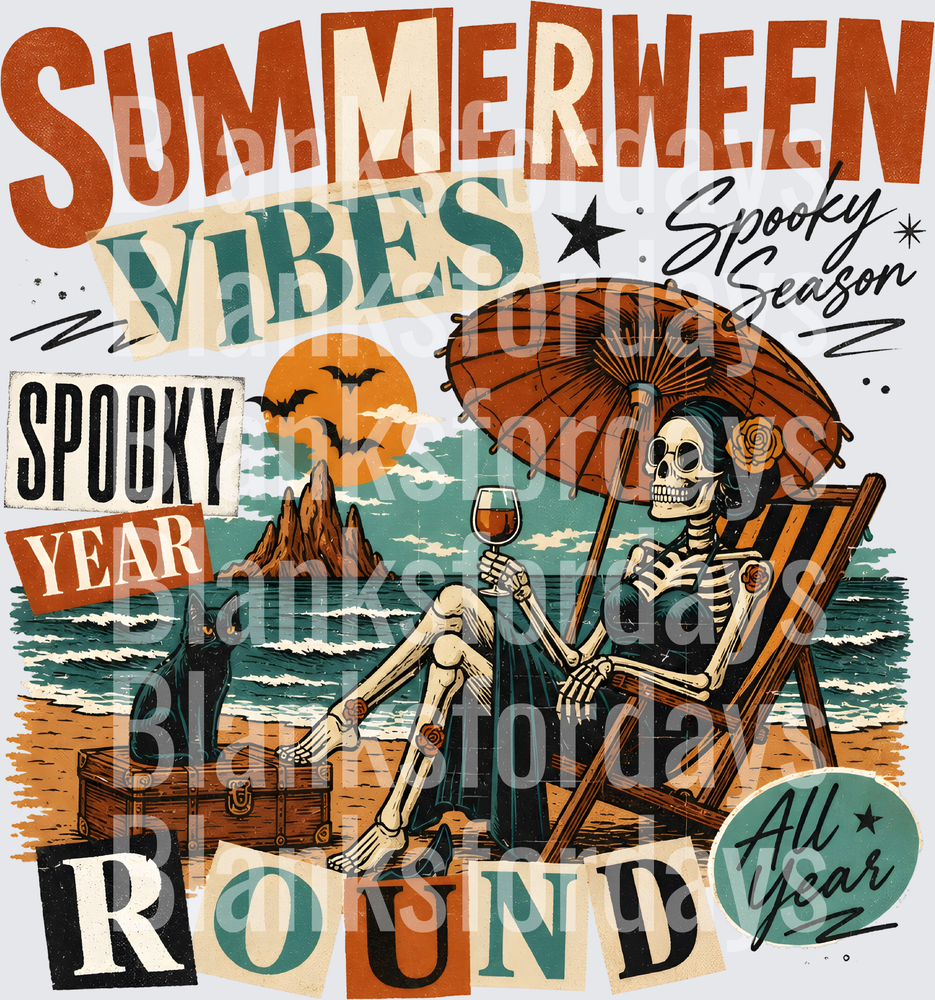 Summerween Vibes Spooky Season Skeleton Beach Scene (DTF)