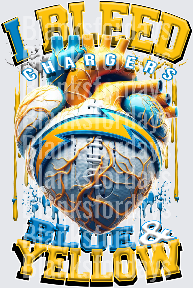 I Bleed Chargers Blue & Yellow Anatomical Heart Football (DTF)