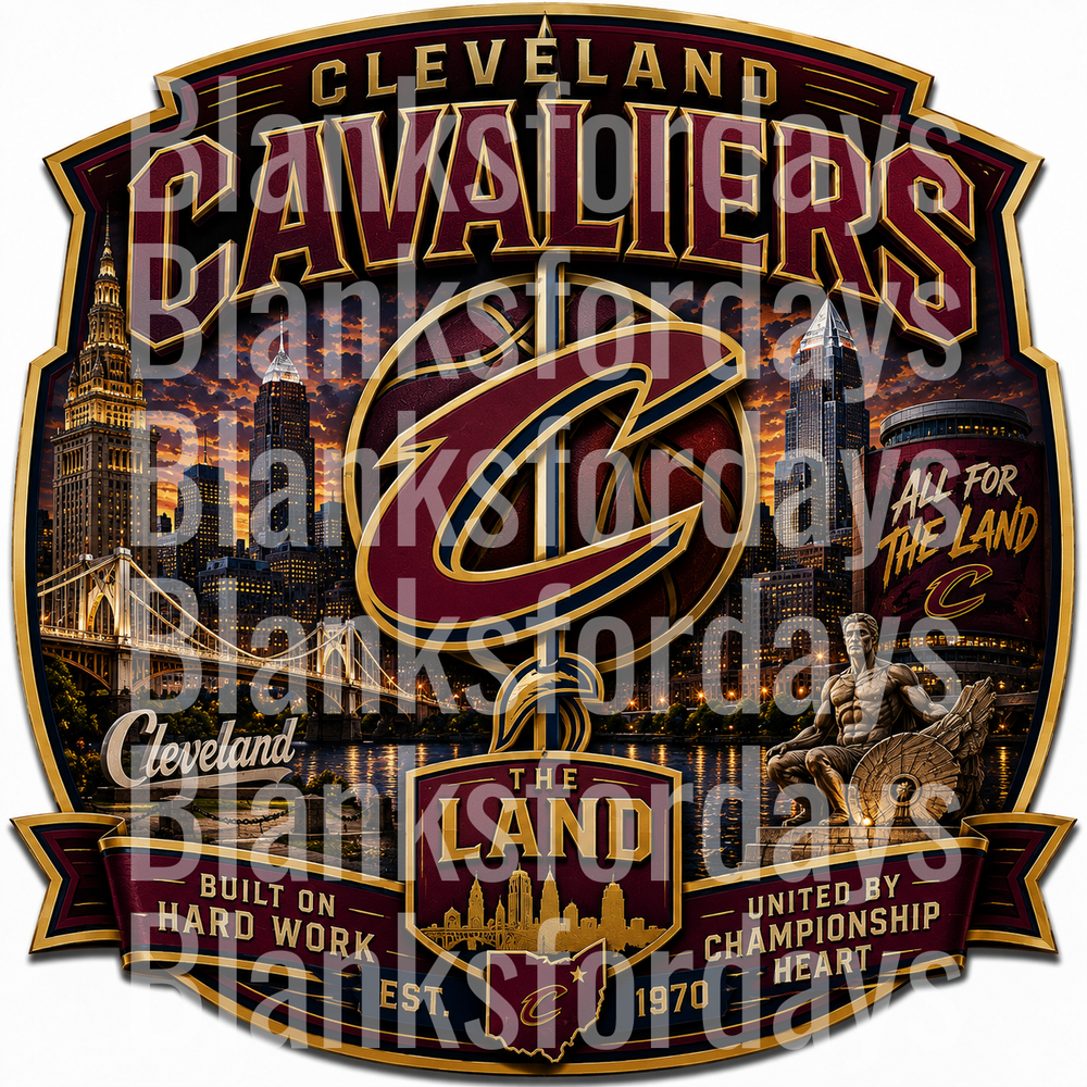 Cleveland Cavaliers The Land Built On Hard Work Est 1970 Shield Badge Skyline Design (DTF)