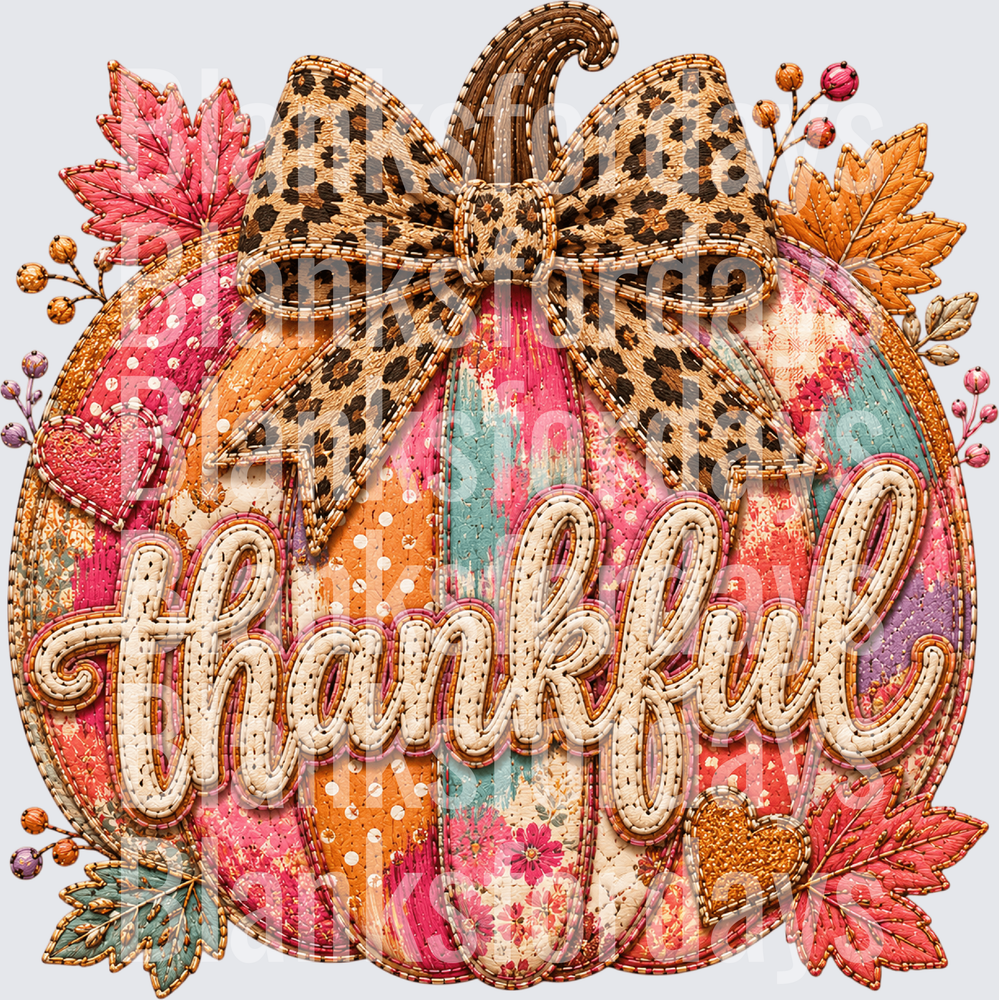 Thankful Embroidered Patchwork Pumpkin Leopard Bow Fall (DTF)