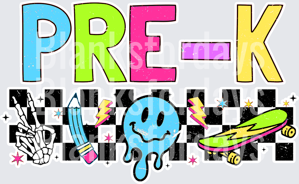 PRE-K Retro Checker Skeleton Hand Drip Smiley Skateboard (DTF)