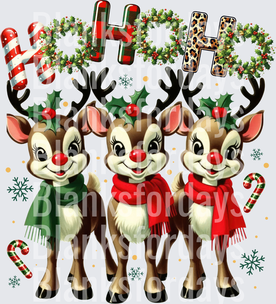 Ho Ho Ho Retro Rudolph Trio with Holly and Scarves (DTF)