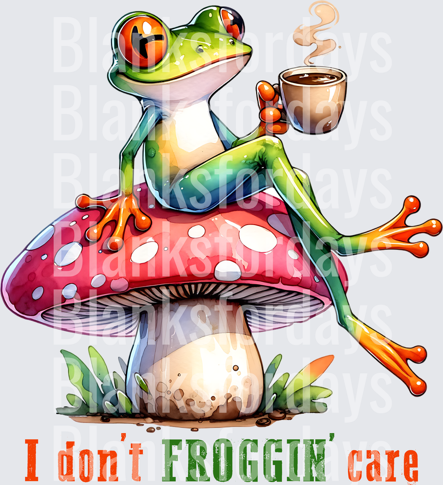 Sassy Tree Frog Drinking Coffee on Mushroom I Don't Froggin Care (DTF)