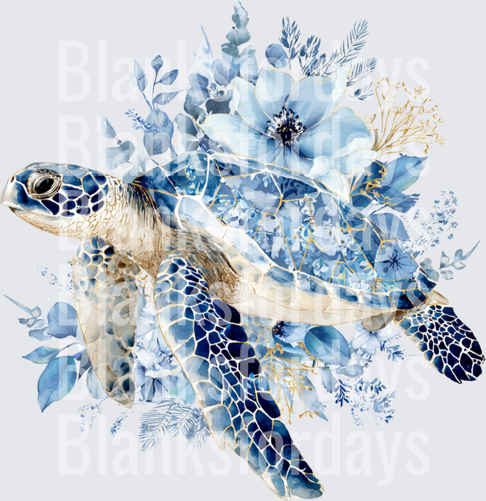 Watercolor Sea Turtle Blue Floral Bouquet Gold Accent (DTF)