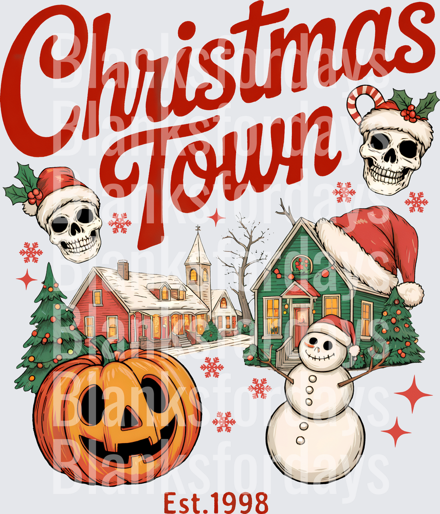 Christmas Town Est 1998 Nightmare Before Christmas Skulls Snowman Jack-O-Lantern Holiday Village (DTF)