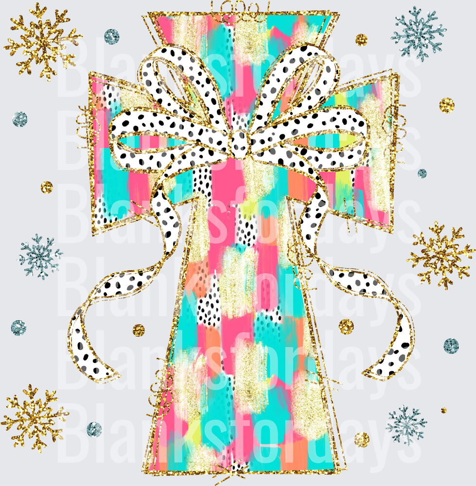 Colorful Brush Stroke Gift Box Dalmatian Bow Gold Snowflakes (DTF)