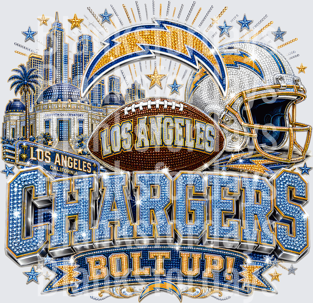 Los Angeles Chargers Bolt Up Rhinestone Bling Skyline Design (DTF)
