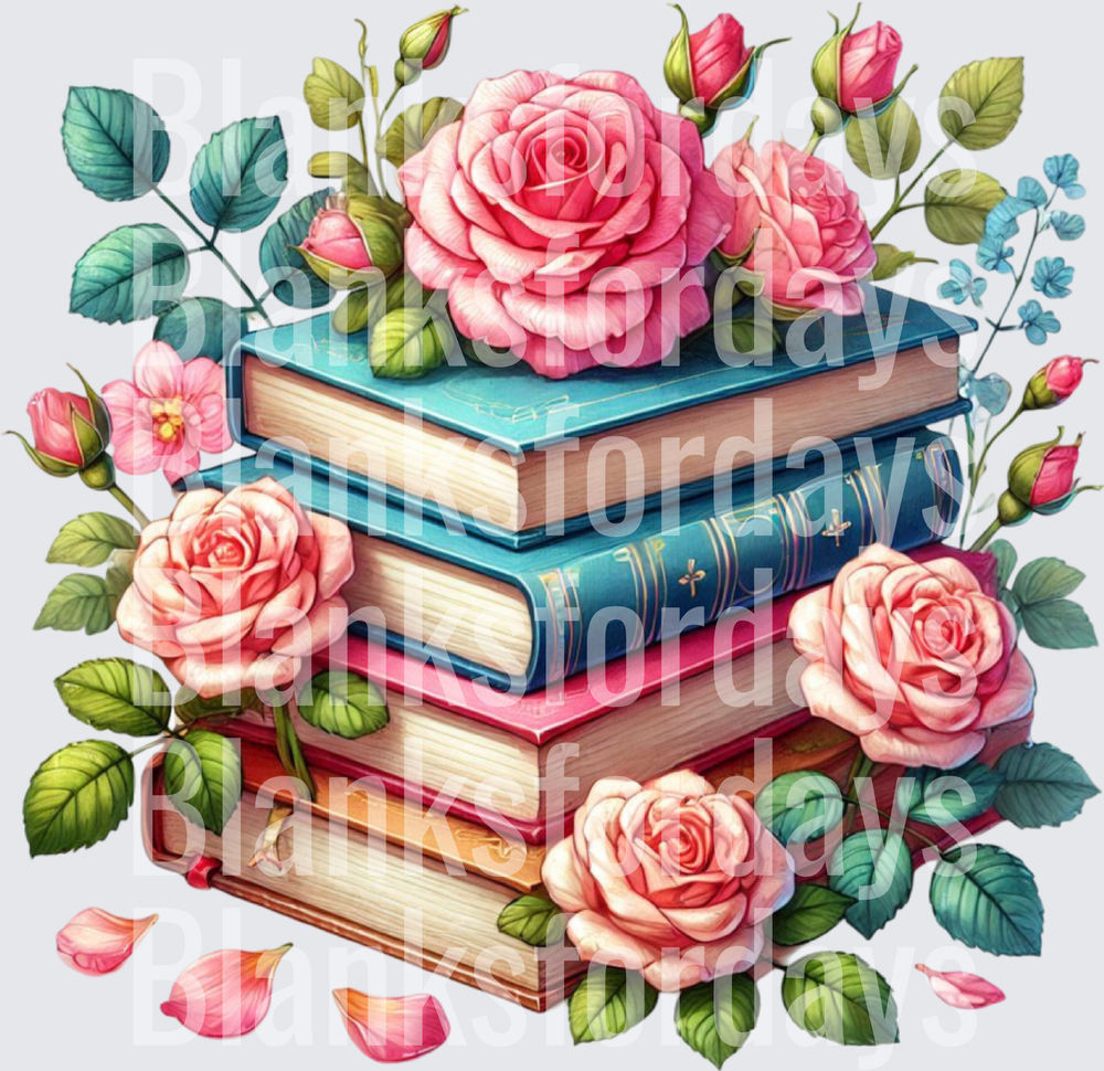 Stacked Books with Pink Roses and Floral Botanical Garden (DTF)