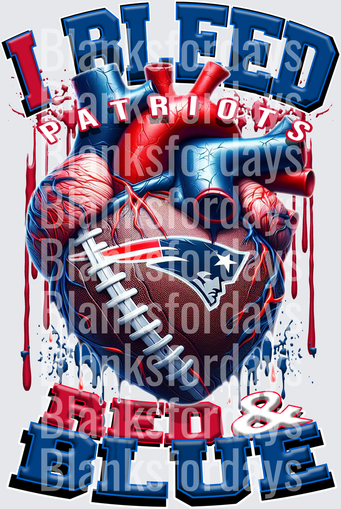 I Bleed Patriots Red & Blue Anatomical Heart Football (DTF)