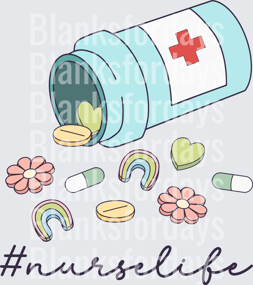 #Nurselife Pill Bottle Spilling Capsules Flowers Rainbows (DTF)