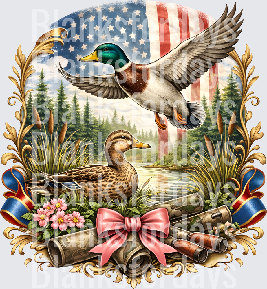 Patriotic Mallard Duck Hunting American Flag Gold Crest (DTF)