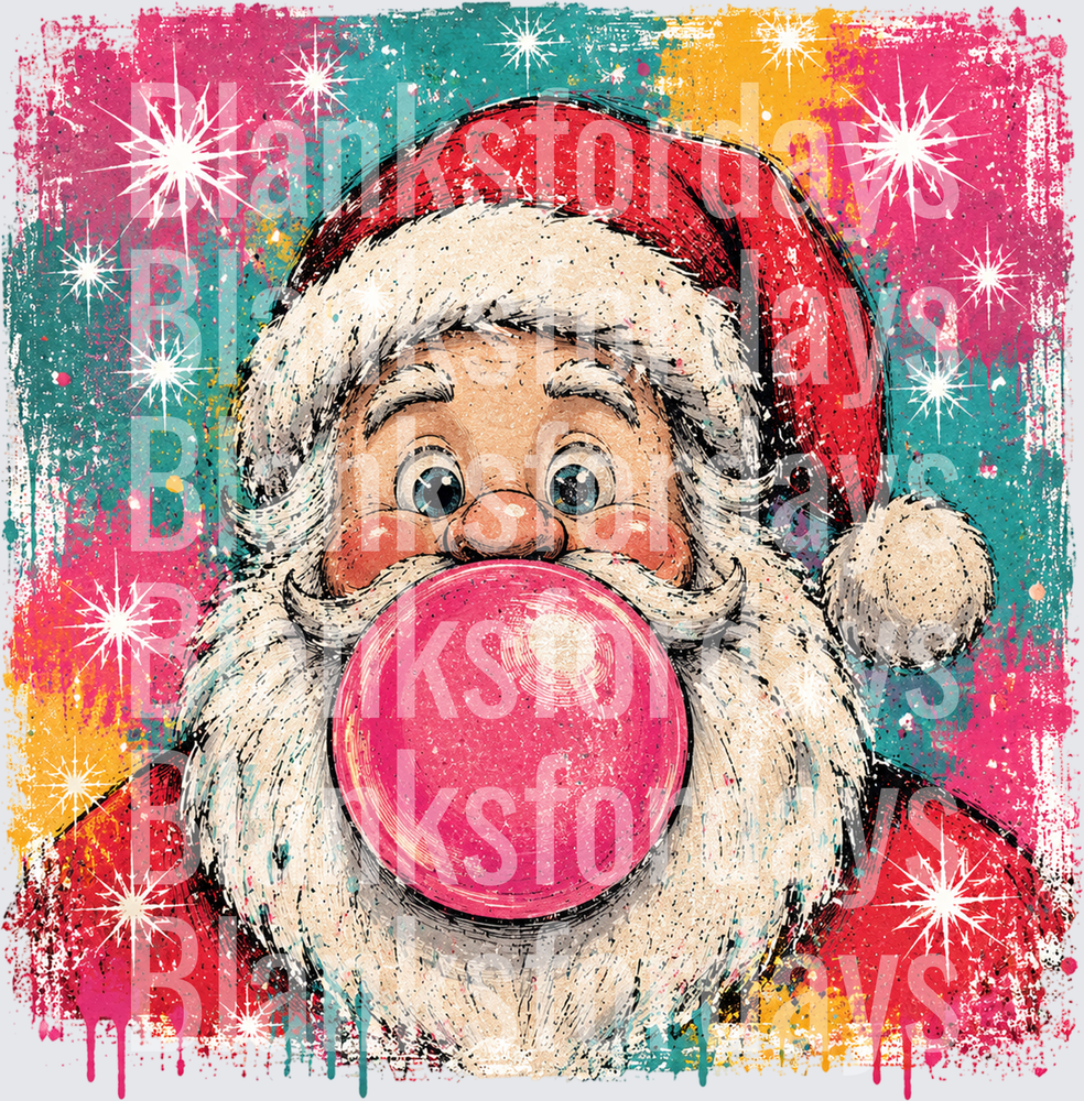 Retro Santa Claus Blowing Pink Bubblegum Colorful Grunge (DTF)