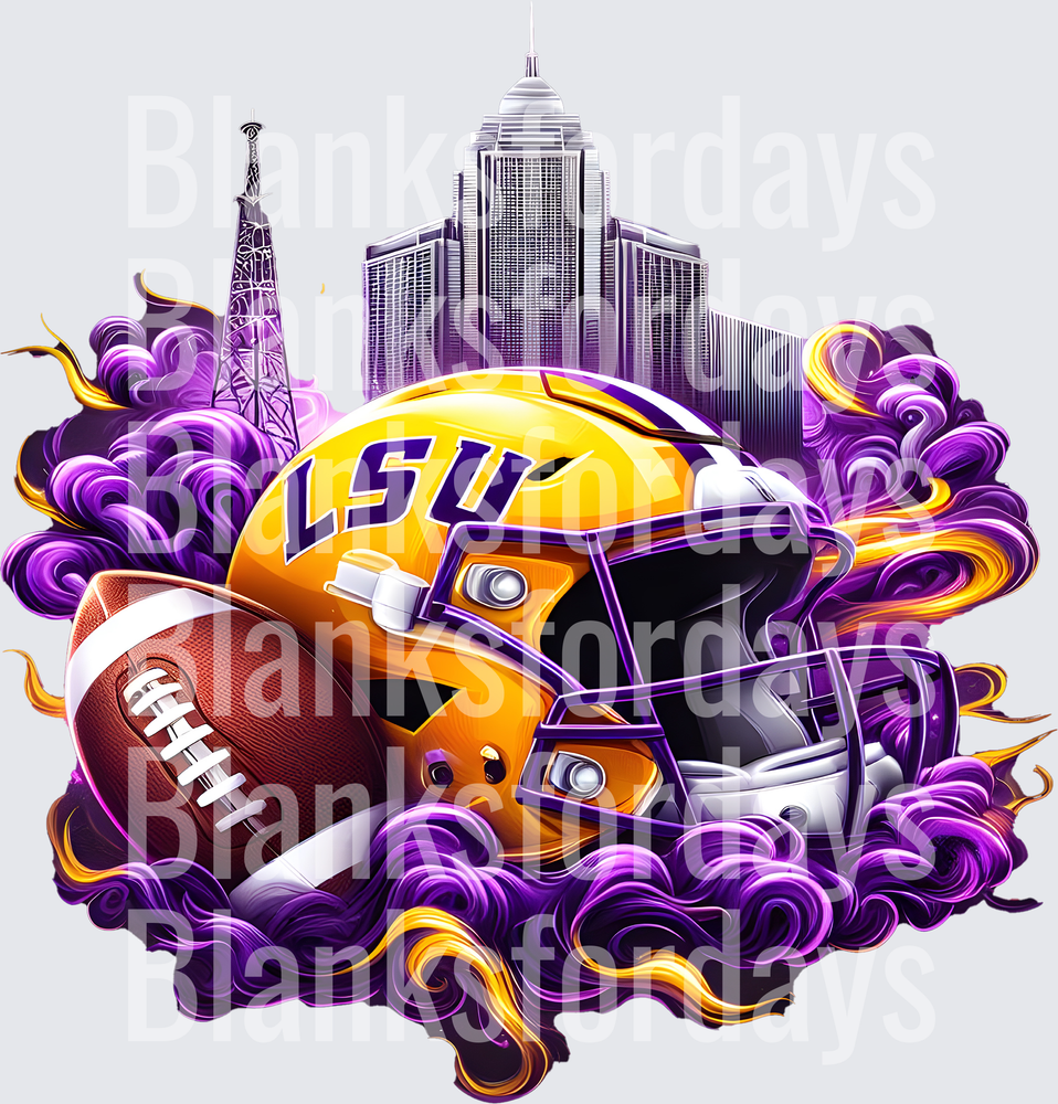 LSU Tigers Football Helmet Purple Gold Smoke Skyline (DTF)