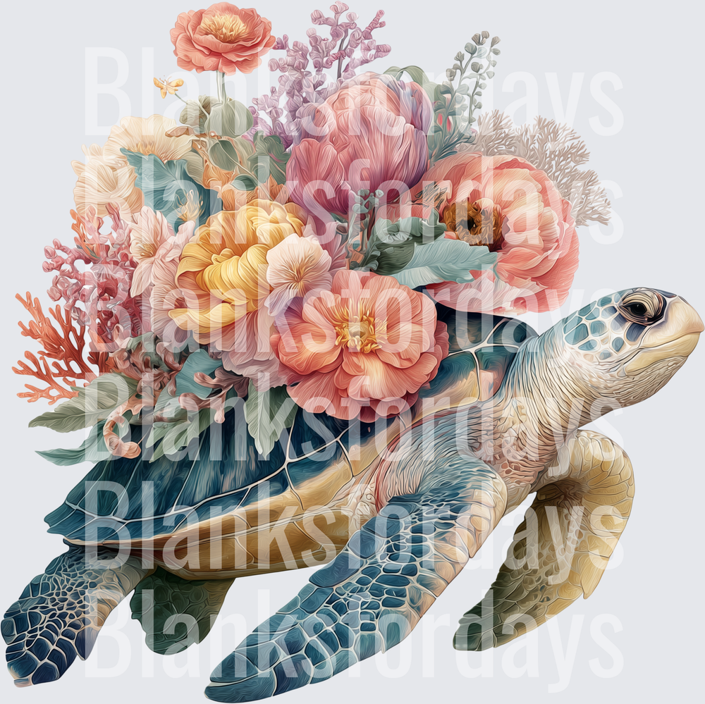 Sea Turtle With Blooming Floral Bouquet and Coral Accents (DTF)