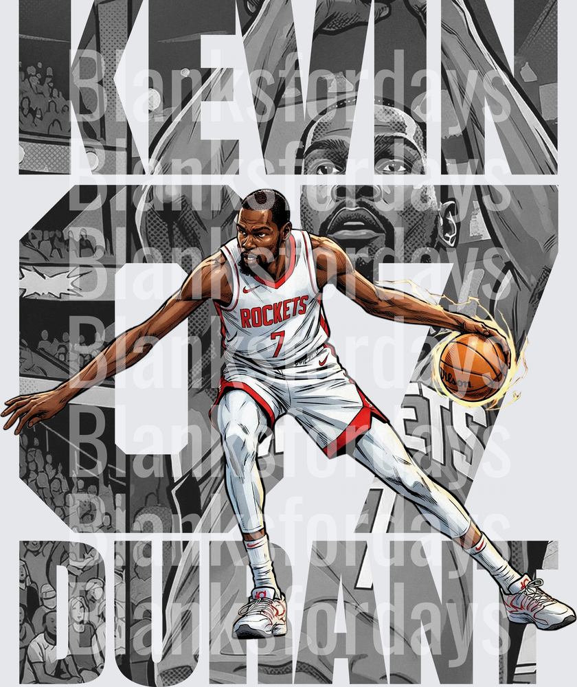 Kevin Durant Houston Rockets #7 Flaming Basketball Comic Art (DTF)