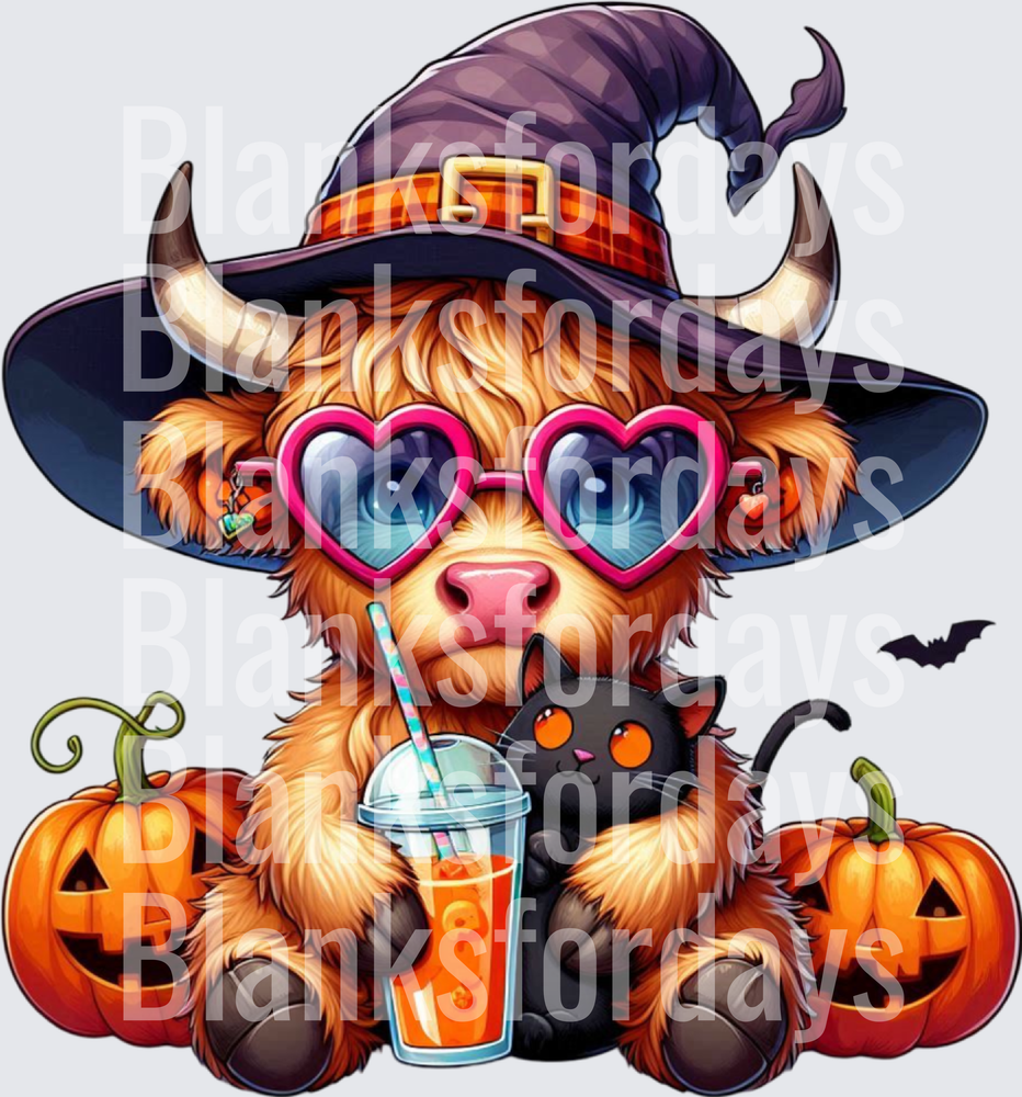 Halloween Highland Cow Witch with Black Cat and Jack-o-Lanterns (DTF)