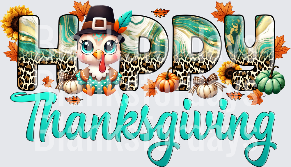 Happy Thanksgiving Cute Turkey Leopard Teal Marble Letters (DTF)