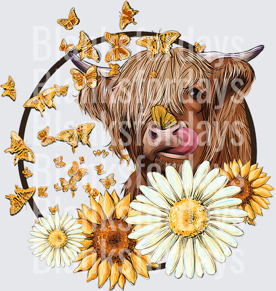 Highland Cow with Golden Butterflies Sunflowers and Daisies (DTF)