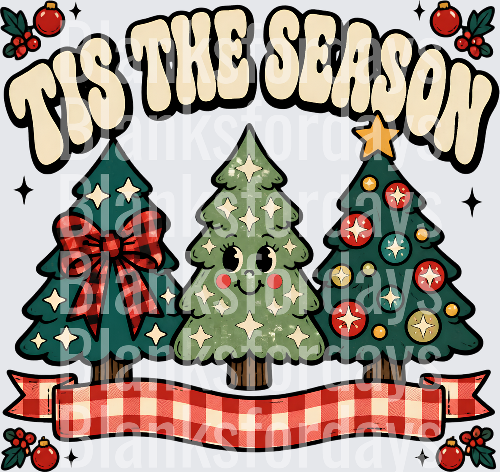 Tis The Season Retro Christmas Trees Buffalo Plaid Banner (DTF)