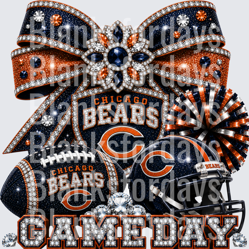 Chicago Bears Game Day Rhinestone Bow Glitter Design (DTF)