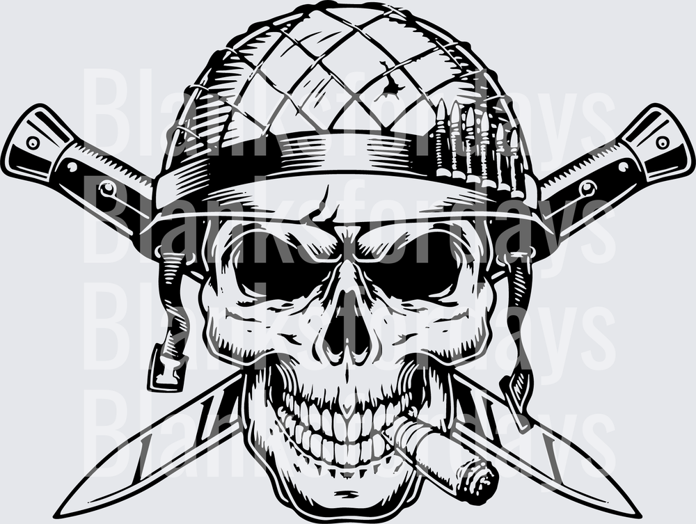 Military Skull Helmet Crossed Knives Cigar Soldier (DTF)